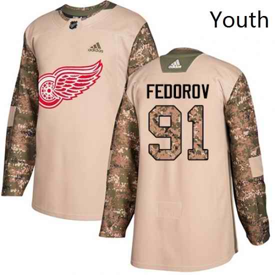 Youth Adidas Detroit Red Wings 91 Sergei Fedorov Authentic Camo Veterans Day Practice NHL Jersey